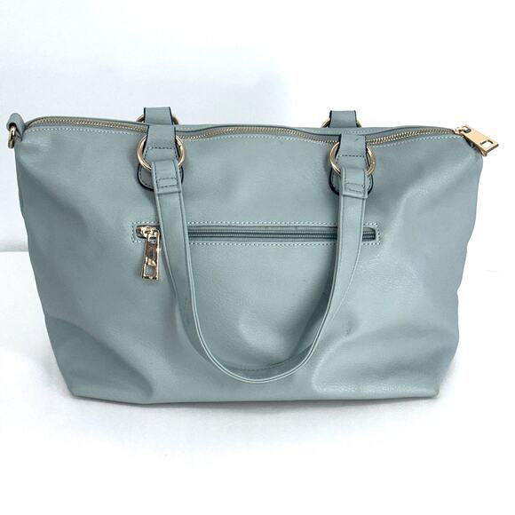 Womens Light Blue Leather Tote Bag with Front Pockets Gold Hardware Shoulder Bag - Picture 2 of 10